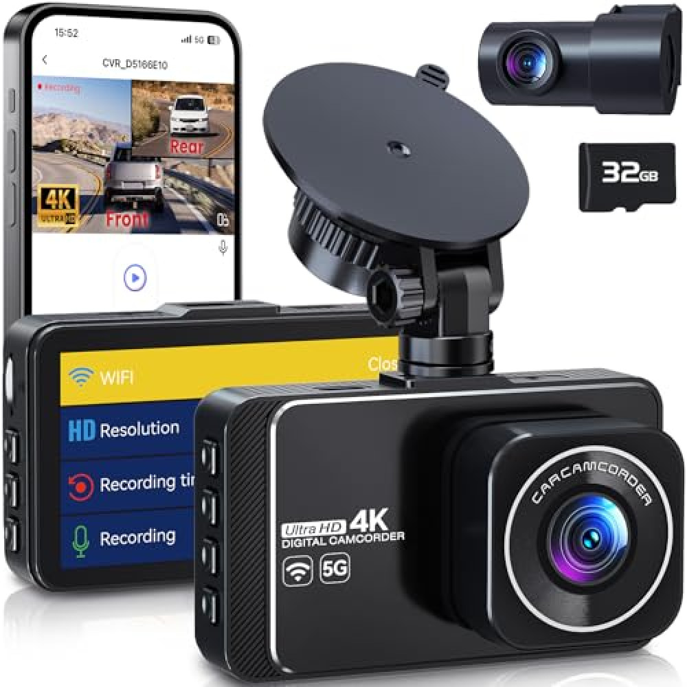 Dash Cam, 4K Ultra HD Front Camera+2K Rear Cameras, 5G WiFi - Fastest Download speeds app, Support iOS Android,WDR Night Vision, Car Camera with 3" IPS Screen 32GB Card,24H Parking Mode