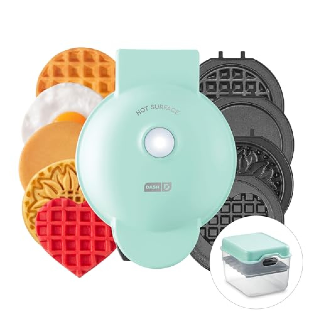 DASH Multimaker Mini System - Waffle Maker with Six 4” Removable Plates & Storage Case: Waffle Iron & Griddle, 4-in-1 Mini Waffle Maker for Kids and Families – Nonstick Surface, Just Add Batter (Aqua) Waffle Maker Fiyatı