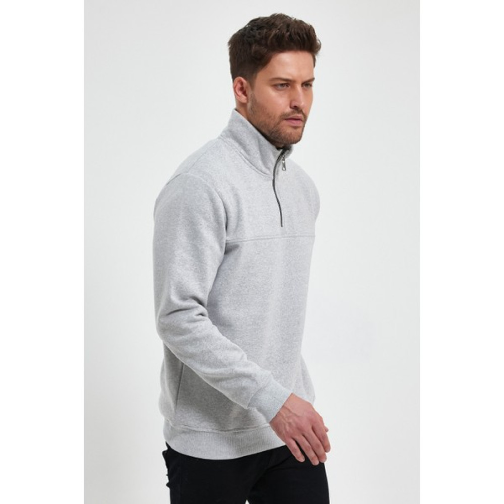 Dauphin Erkek Gri Dik Yaka Fermuarlı Standart Fit Pamuklu Sweatshirt Erkek Sweatshirt Fiyatı