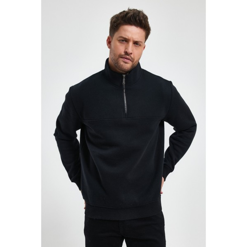 Dauphin Erkek Siyah Dik Yaka Fermuarlı Standart Fit Pamuklu Sweatshirt Erkek Sweatshirt Fiyatı