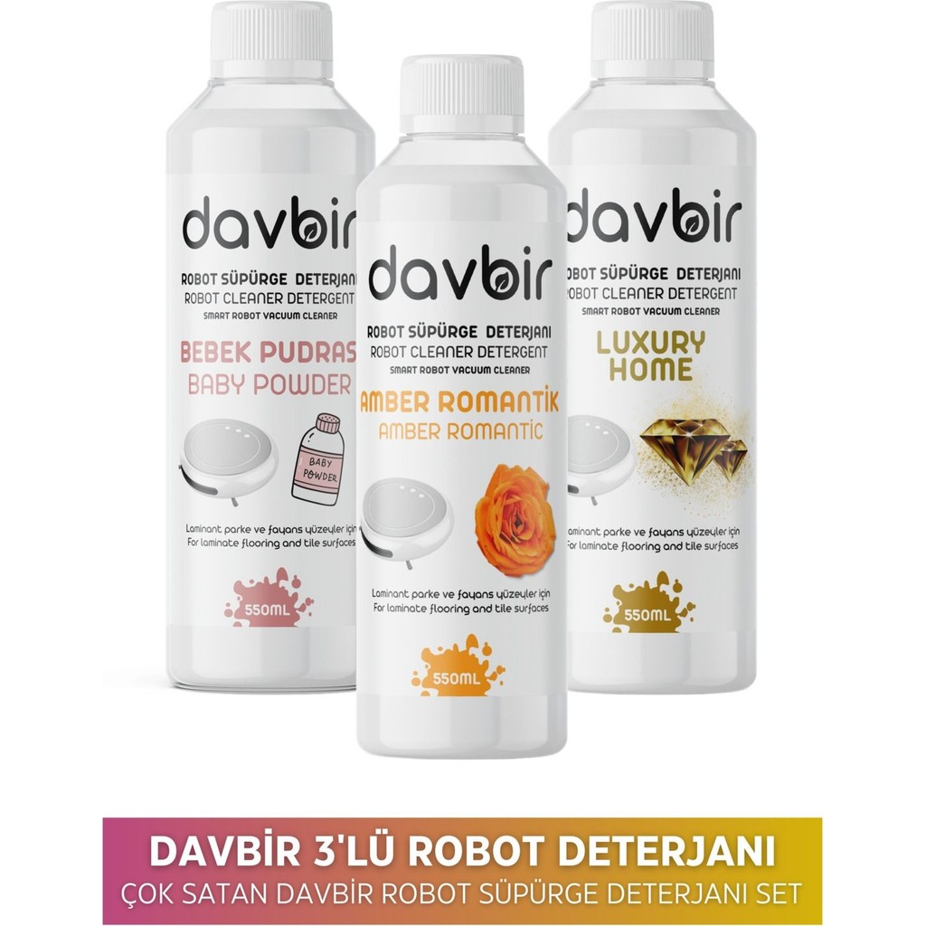 Davbir 3'lü Set Akıllı Robot Süpürge Deterjanı Bebek Pudrası,amber Romantik,luxury Home 3x 550ML Robot Süpürgeler Fiyatı