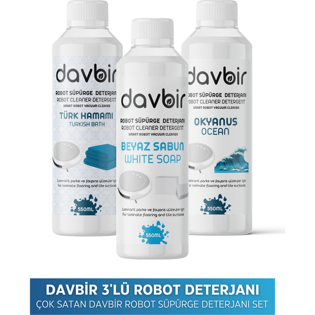 Davbir 3'lü Set Akıllı Robot Süpürge Deterjanı Beyaz Sabun,türk Hamamı,okyanus Sprey Mop Deterjanı 3x 550ML Robot Süpürgeler Fiyatı