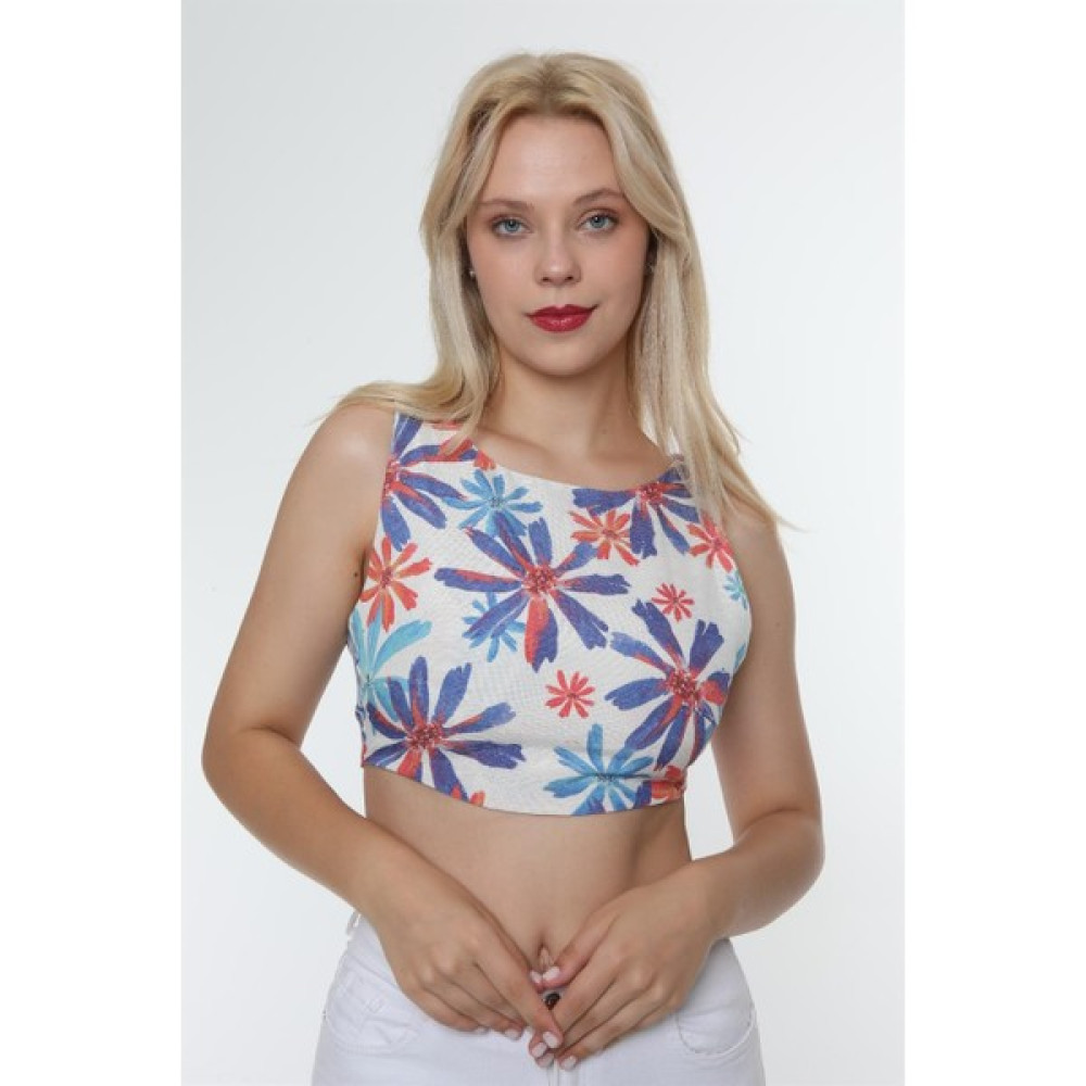 Daves Mavi Desen Dijital Baskı Keten Askılı Sırt Detaylı Crop Bluz Fiyatı