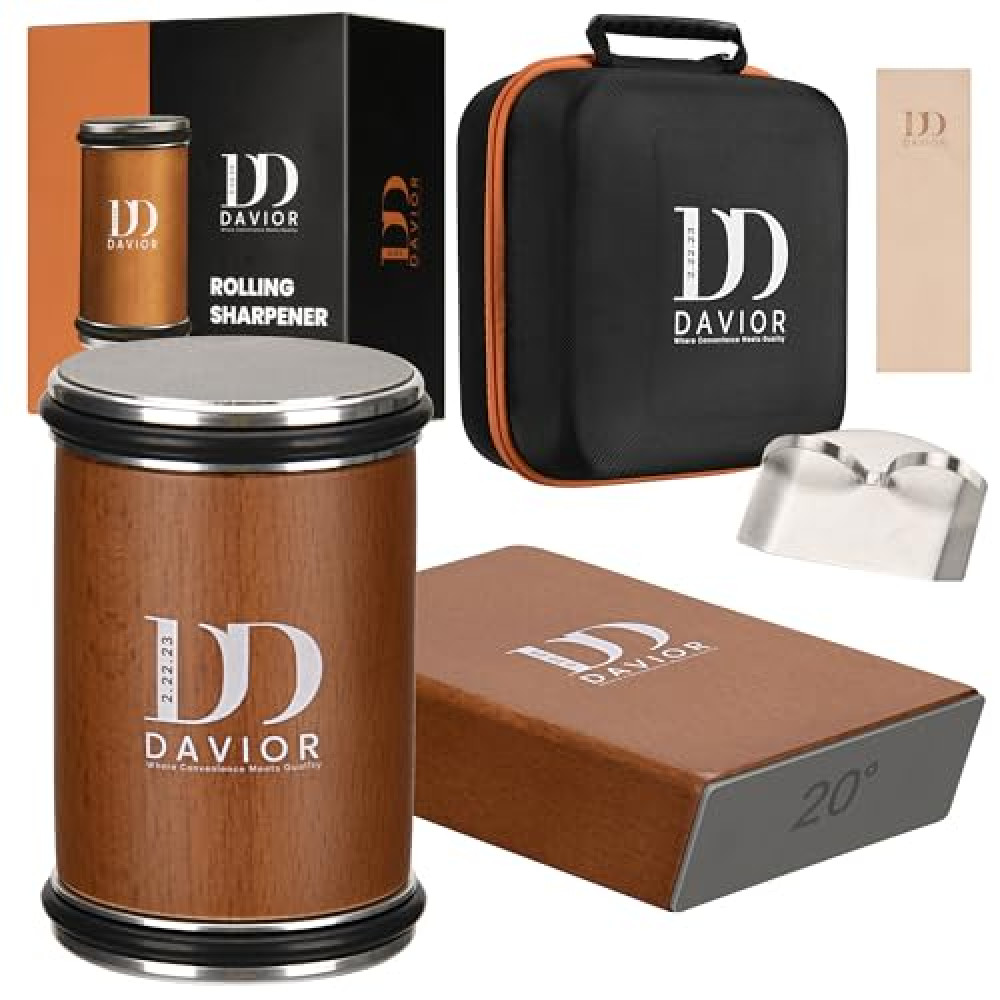Davior Rolling Knife Sharpener Kit with Diamond Discs, 15° & 20° Multi Angle Magnetic Knife Sharpener Roller Tool for Kitchen and Pocket Knives, Finger Protector, Leather Strop & Carry Bag