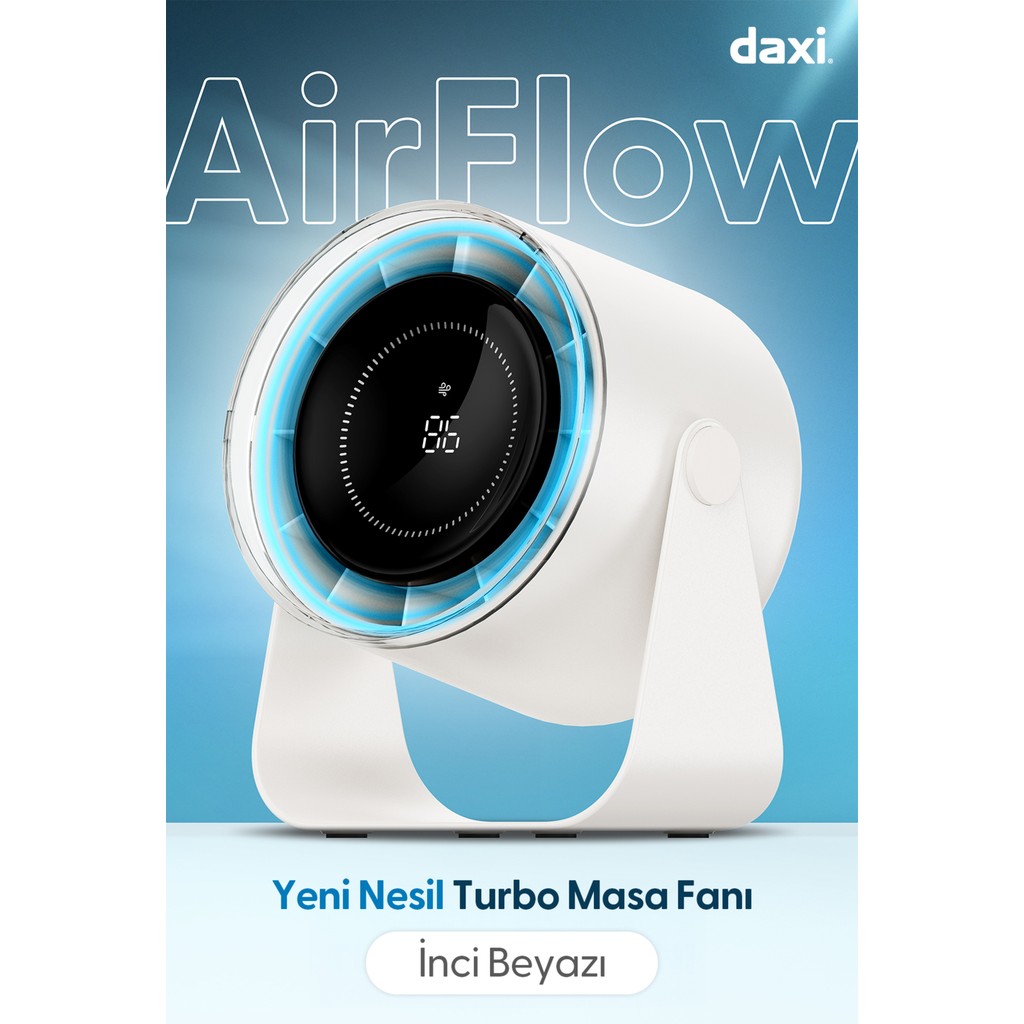 Daxi Airflow AF02 Yeni Nesil Şarjlı Turbo Masa Fanı, Ultra Güçlü Hava Akışı, 100 Kademeli, 16X19CM - İnci Beyazı Diğer Fiyatı