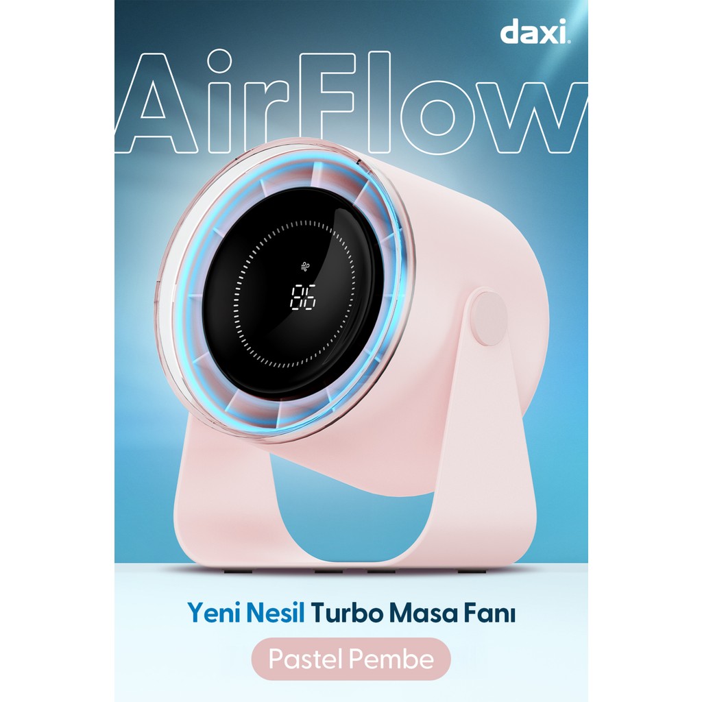 Daxi Airflow AF02 Yeni Nesil Şarjlı Turbo Masa Fanı, Ultra Güçlü Hava Akışı, 100 Kademeli, 16X19CM - Pastel Pembe Vantilatörler Fiyatı
