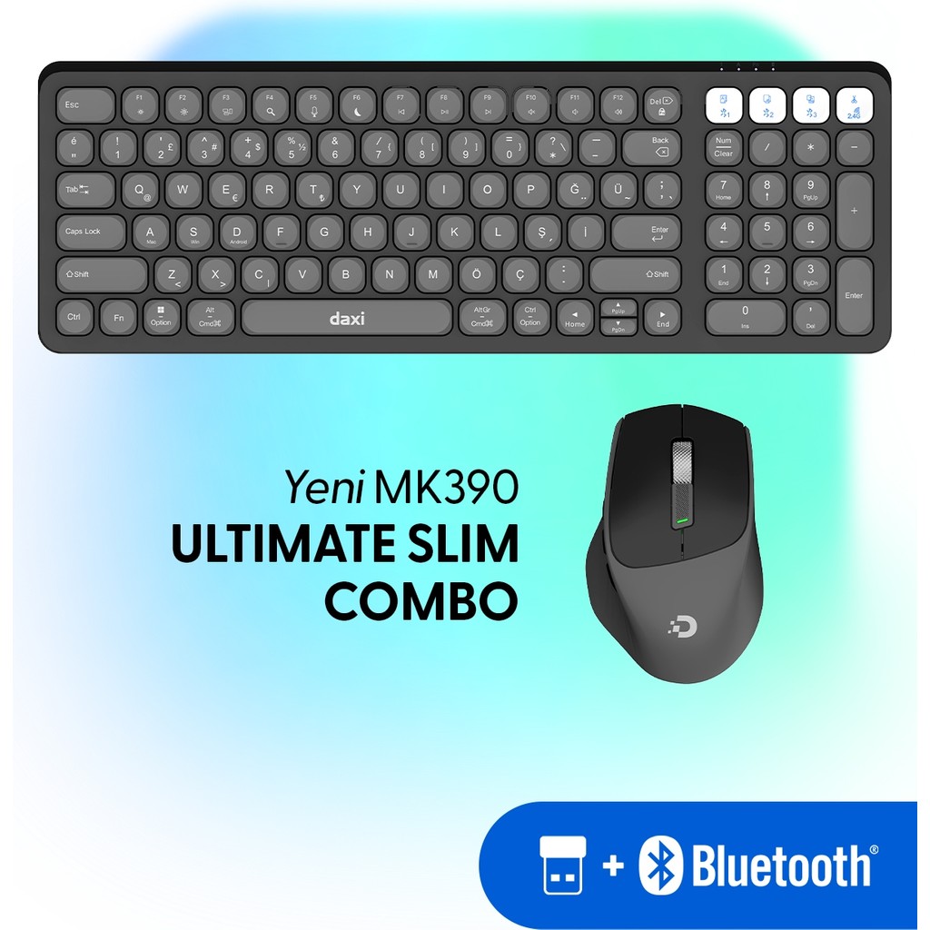 Daxi MK390 Ultimate Slim Combo Kablosuz Bluetooth Klavye Mouse Seti, Scissor-Switch Klavye, Türkçe Q - Gri Klavye - Mouse Fiyatı
