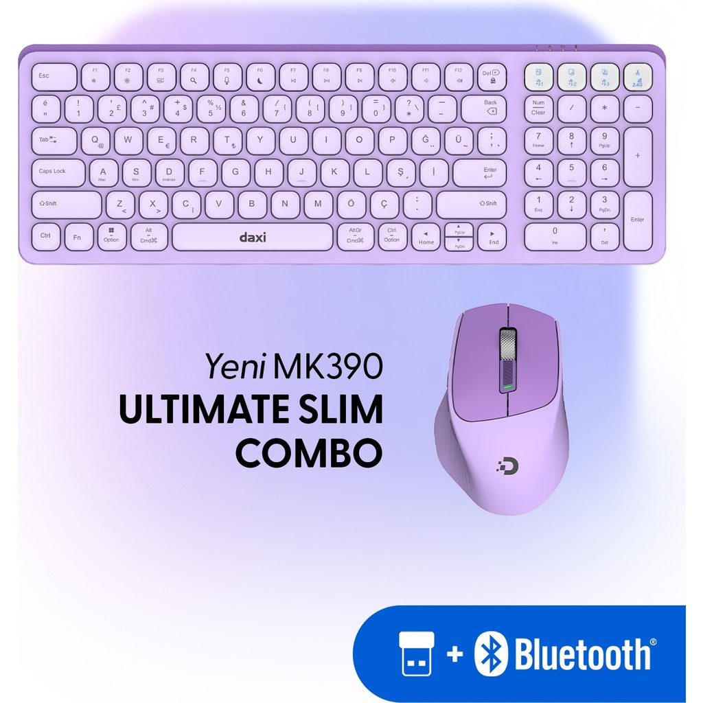 Daxi MK390 Ultimate Slim Combo Kablosuz Bluetooth Klavye Mouse Seti, Scissor-Switch Klavye, Türkçe Q - Lila Klavye - Mouse Fiyatı