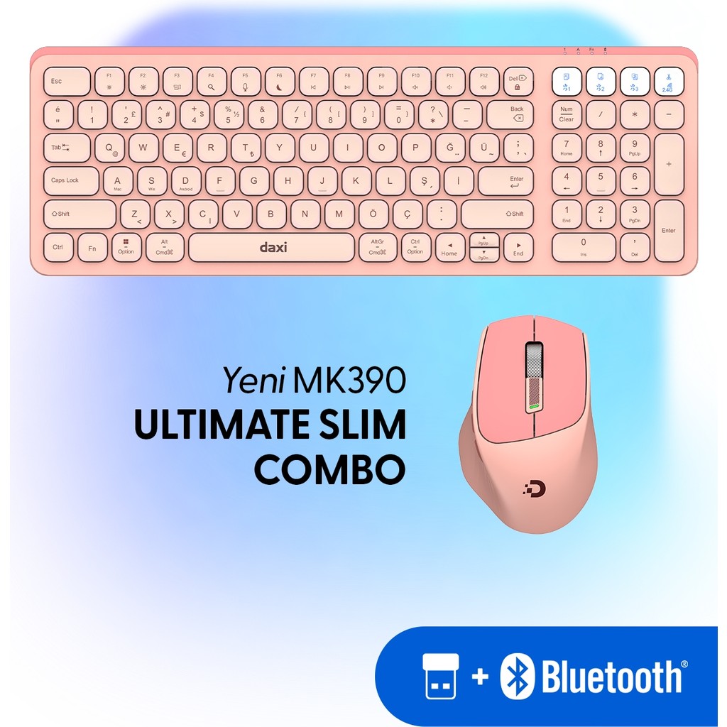 Daxi MK390 Ultimate Slim Combo Kablosuz Bluetooth Klavye Mouse Seti, Scissor-Switch Klavye, Türkçe Q - Pastel Pembe Klavye - Mouse Fiyatı