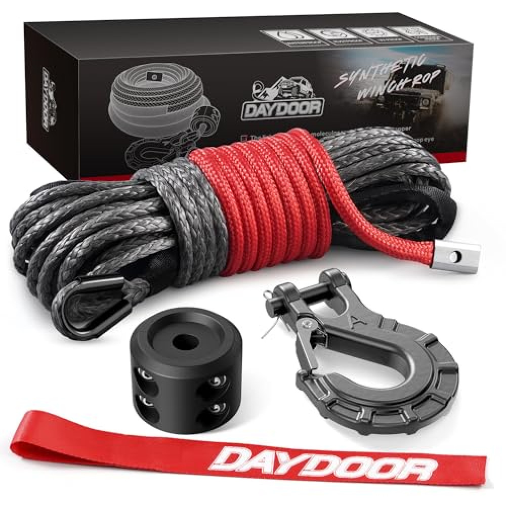 DAYDOOR Synthetic Winch Rope, 1/4'' x 50ft 10,000LBS Synthetic Winch Line, Synthetic Winch Cable for Offroad Vehicle 4WD ATV UTV, Synthetic Rope with Forged Winch Hook and Rubber Stopper (Gray)