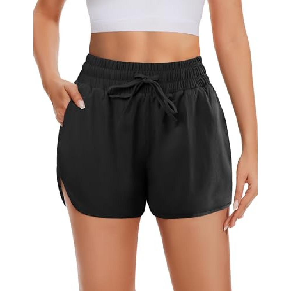 DDOBB High Waisted Running Shorts for Women with Pockets, 2.5" Black Athletic Workout Gym Yoga Spandex Dolphin Elastic Shorts Black Medium