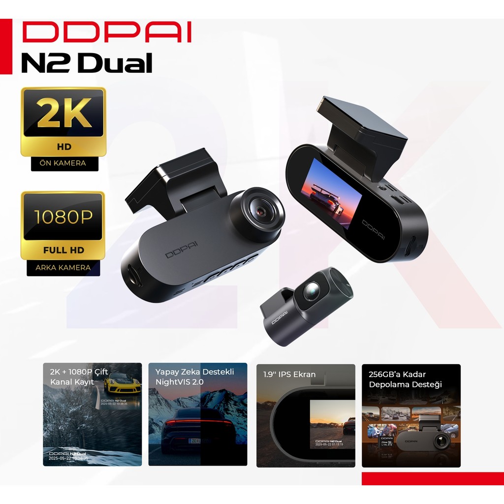 DDPAI N2 Dual Araç içi kamera - 2K + 1080P Çift kanal kayıt - Yapay zeka destekli NightVIS 2.0 - 1.9'' IPS Ekran Diğer Fiyatı