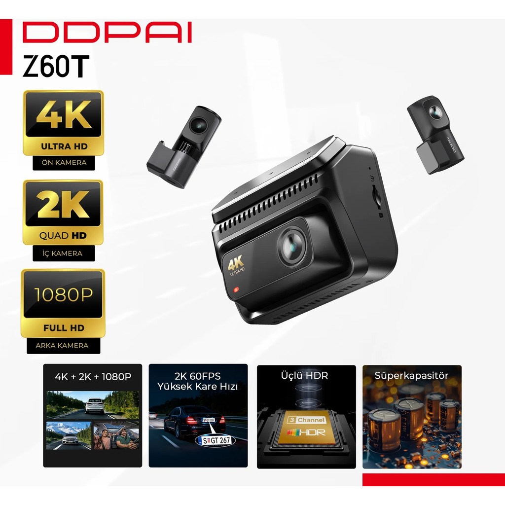 DDPAI Z60T Araç Kamerası 4K+2K+1080P 4g Gps Gece Görüş Park Modu Wifi Dashcam - Siyah Diğer Fiyatı