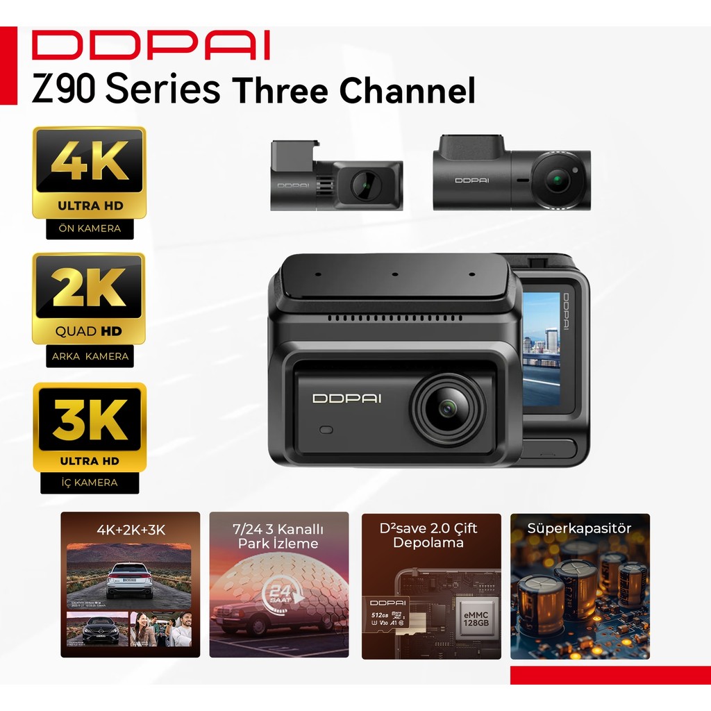 DDPAI Z90 4K UHD Araç Kamerası - 3 Kameralı Tam Koruma - D²save Çift Depolama - 7/24 Park - 512GB Destek - Siyah Diğer Fiyatı