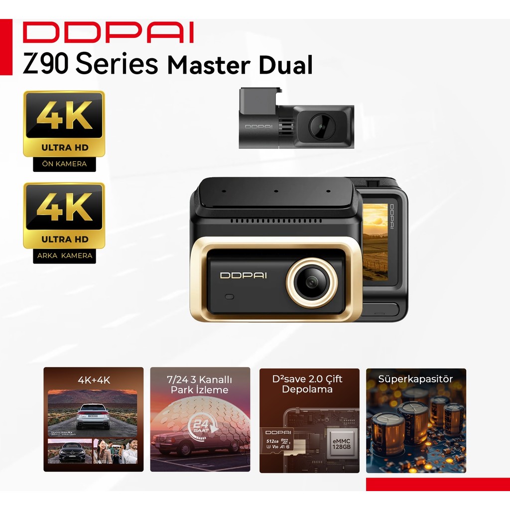 DDPAI Z90 Master Dual Araç Kamerası - 4K Ultra HD Ön Arka Set - Sony Sensör Gece Görüşü - 64GB Dahili eMMC Hafıza - GPS Televizyonlar Fiyatı