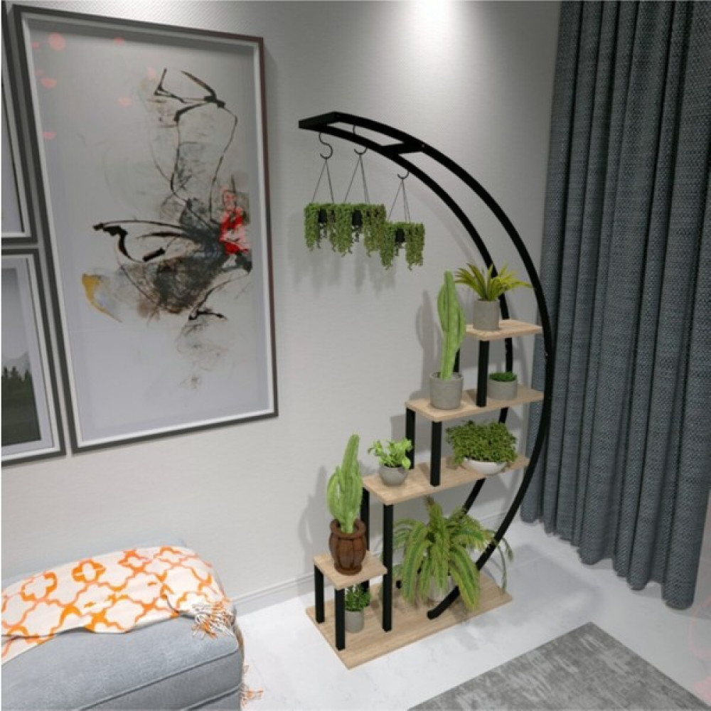 Ddtrend Dekoratif Modern Tasarım Ferforje Siyah Metal Ayaklı Askılı Ahşap Çiçeklik Lüx Raf Saksılık Saksı ve Aksesuarları Fiyatı