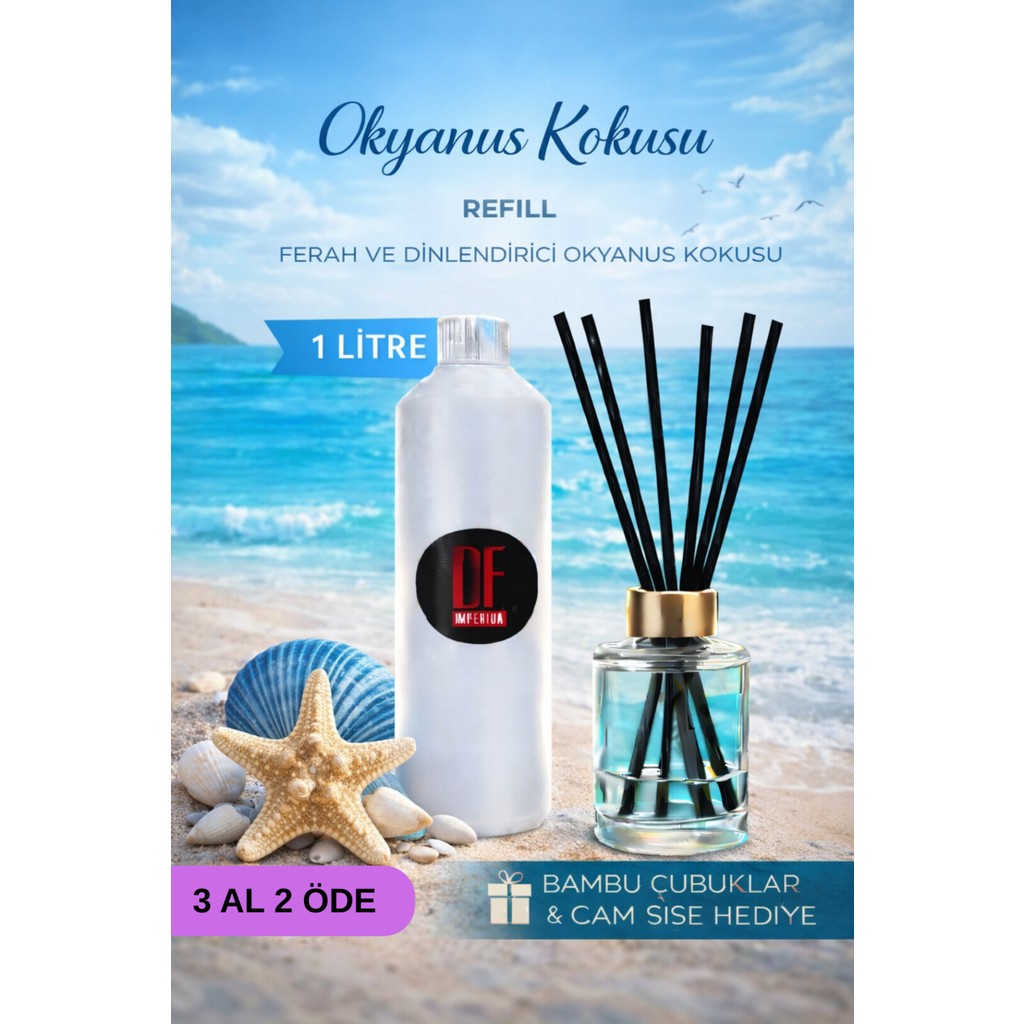 De Parfum Okyanus Kokulu Oda Kokusu 1 Litre Yedek Dolum Şişesi + 115 ml Cam Şişe ve Bambu Çubuk Parfümler Fiyatı
