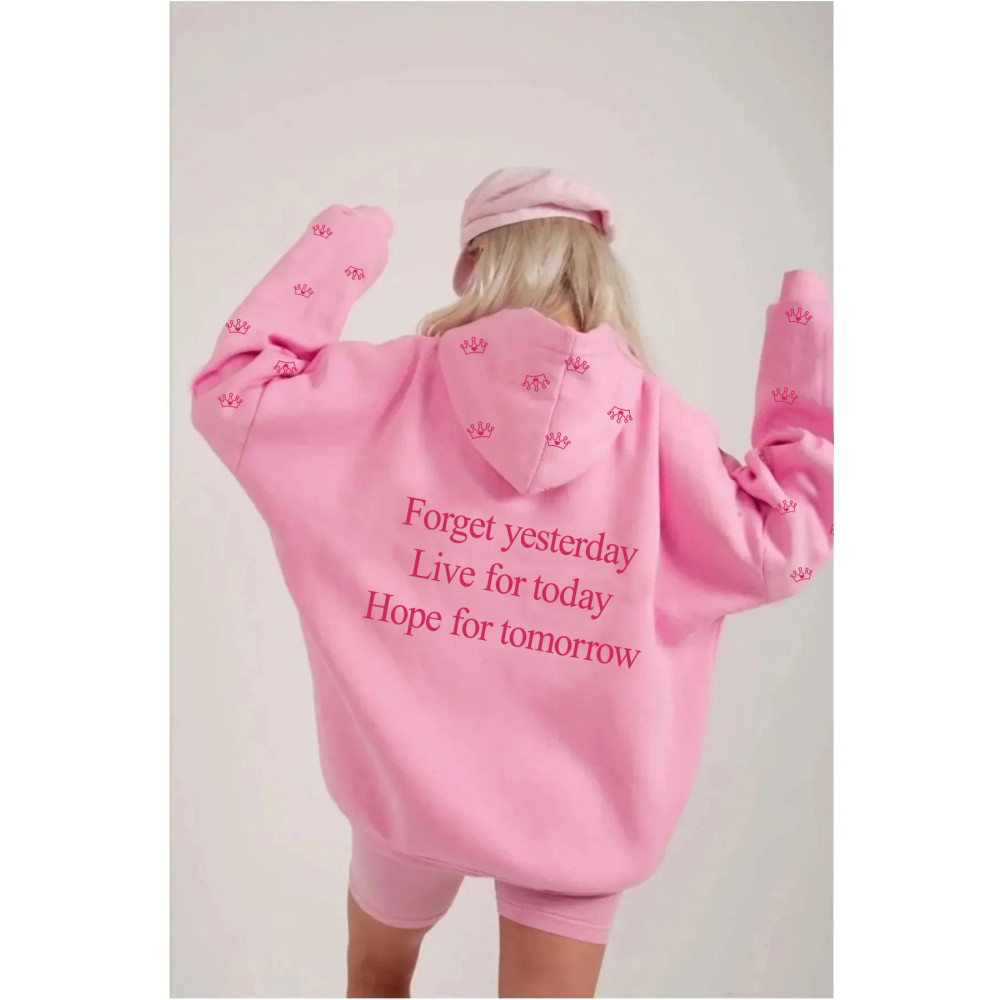 DE PLEIN Oversize Rahat Kalıp Crown Eye Baskılı Kapüşonlu Pembe Sweatshirt XL Beden Bayan Sweatshirt Fiyatı