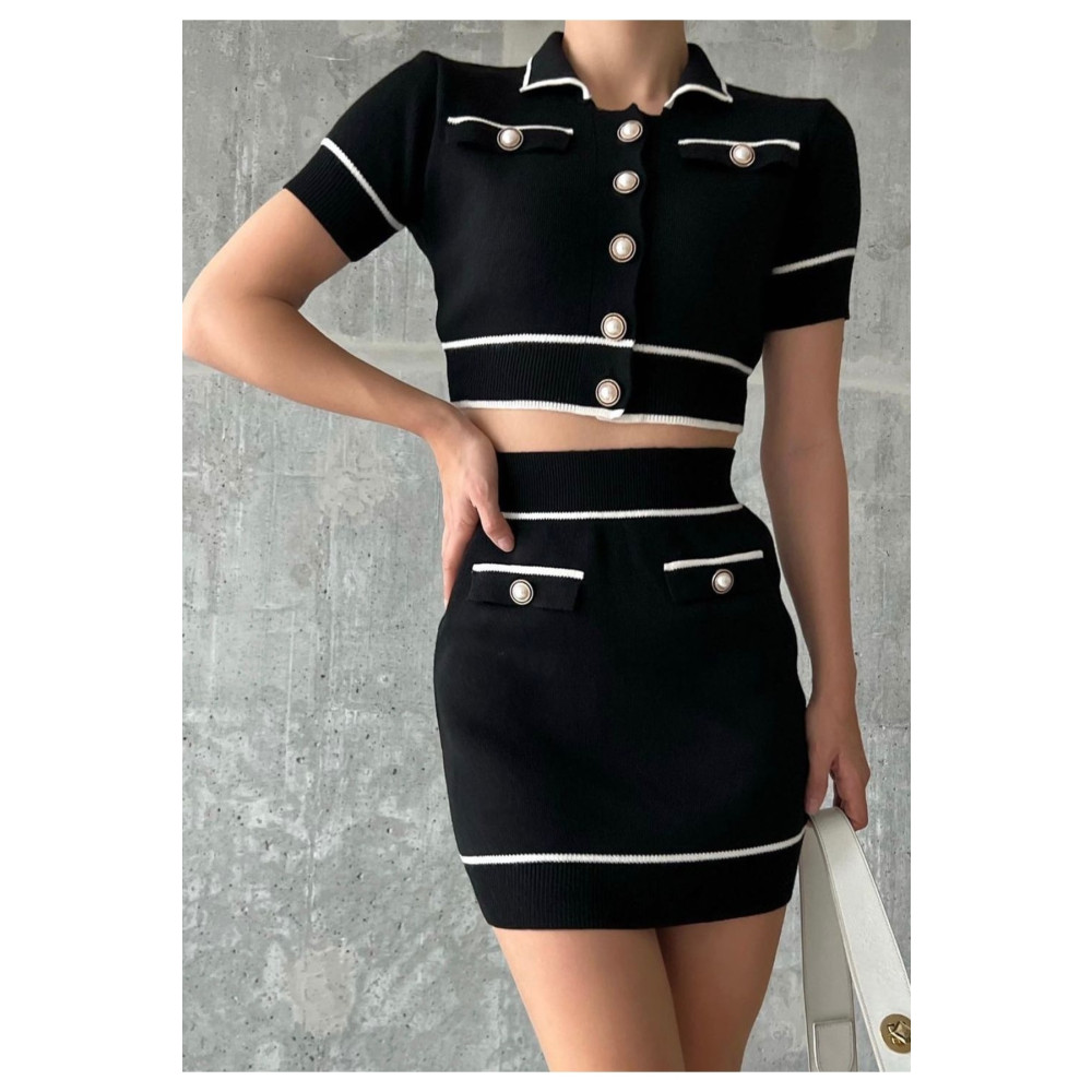 De Pose Kadın Siyah Polo Yaka Inci Düğmeli Mini Etek Crop Ikili Takım Kadın Giyim Fiyatı