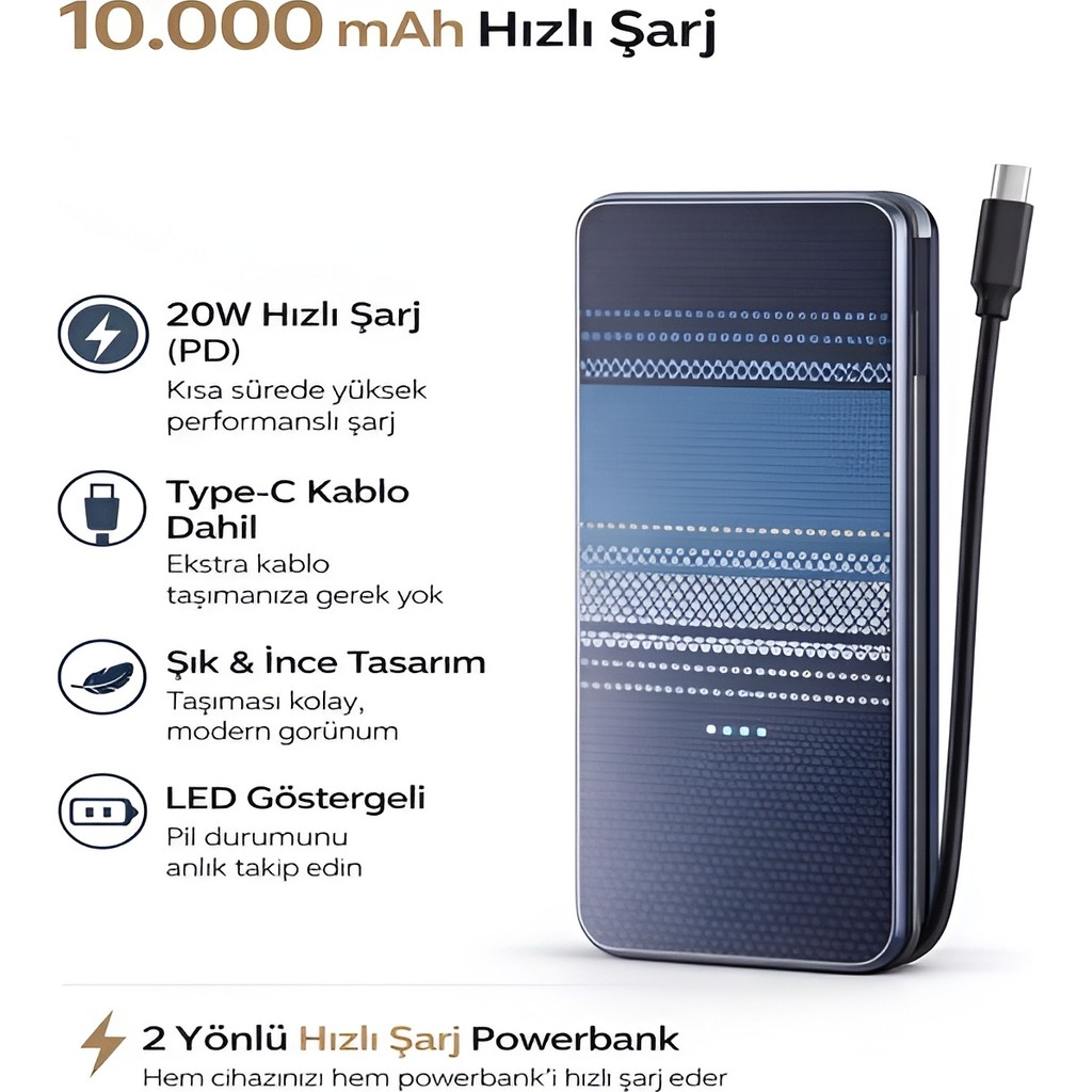 Deanb 10000MAH Karbon Stil Powerbank Dahili Type-C Kablo 20W Hızlı Şarj Taşınabilir Şarj Cihazı - Lacivert Bilgisayar Çevirici ve Adaptörü Fiyatı