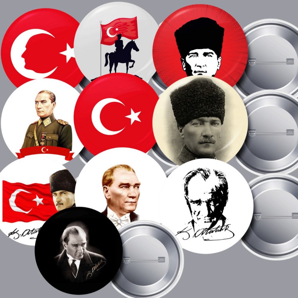 DeBu 10 Farklı Çeşit Atatürk ve Türk Bayrağı Karışık Iğneli Yaka Rozeti 58 mm Büyük Boy - 10'lu Paket Rozet Fiyatı