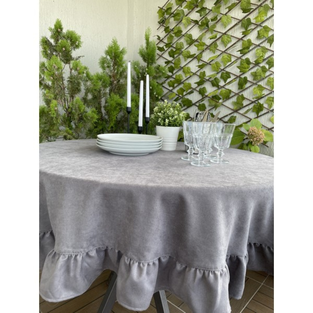Decamor Home Dertsiz Kadife Dokulu Vintage Fırfırlı Antrasit Füme Yuvarlak Masa Örtüsü - 145 x 145 cm - Koyu Gri Masa Örtüsü Fiyatı