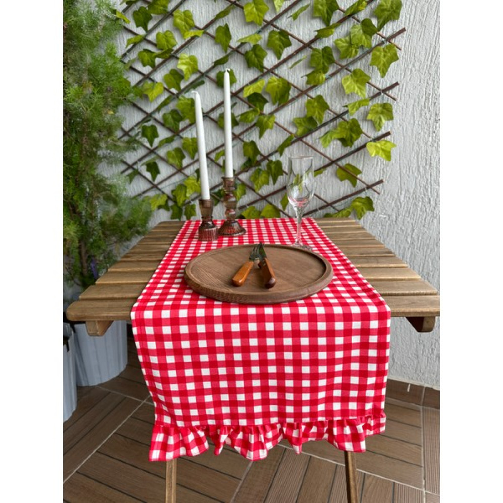 Decamor Home Dertsiz Leke Tutmaz Vintage Fırfırlı Kırmızı Pötikare Runner - 40 x 140 cm Masa Örtüsü Fiyatı