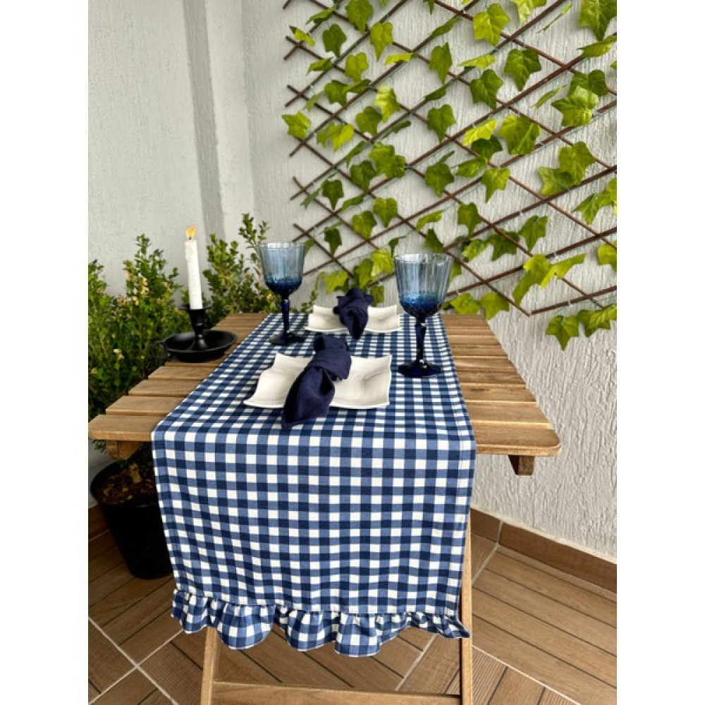 Decamor Home Dertsiz Leke Tutmaz Vintage Fırfırlı Pötikare Lacivert Runner - 40 x 140 cm Masa Örtüsü Fiyatı