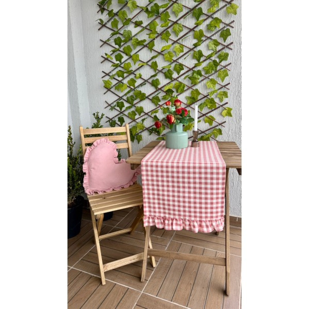 Decamor Home Dertsiz Leke Tutmaz Vintage Fırfırlı Pötikare Pembe Runner - 40 x 140 cm Masa Örtüsü Fiyatı