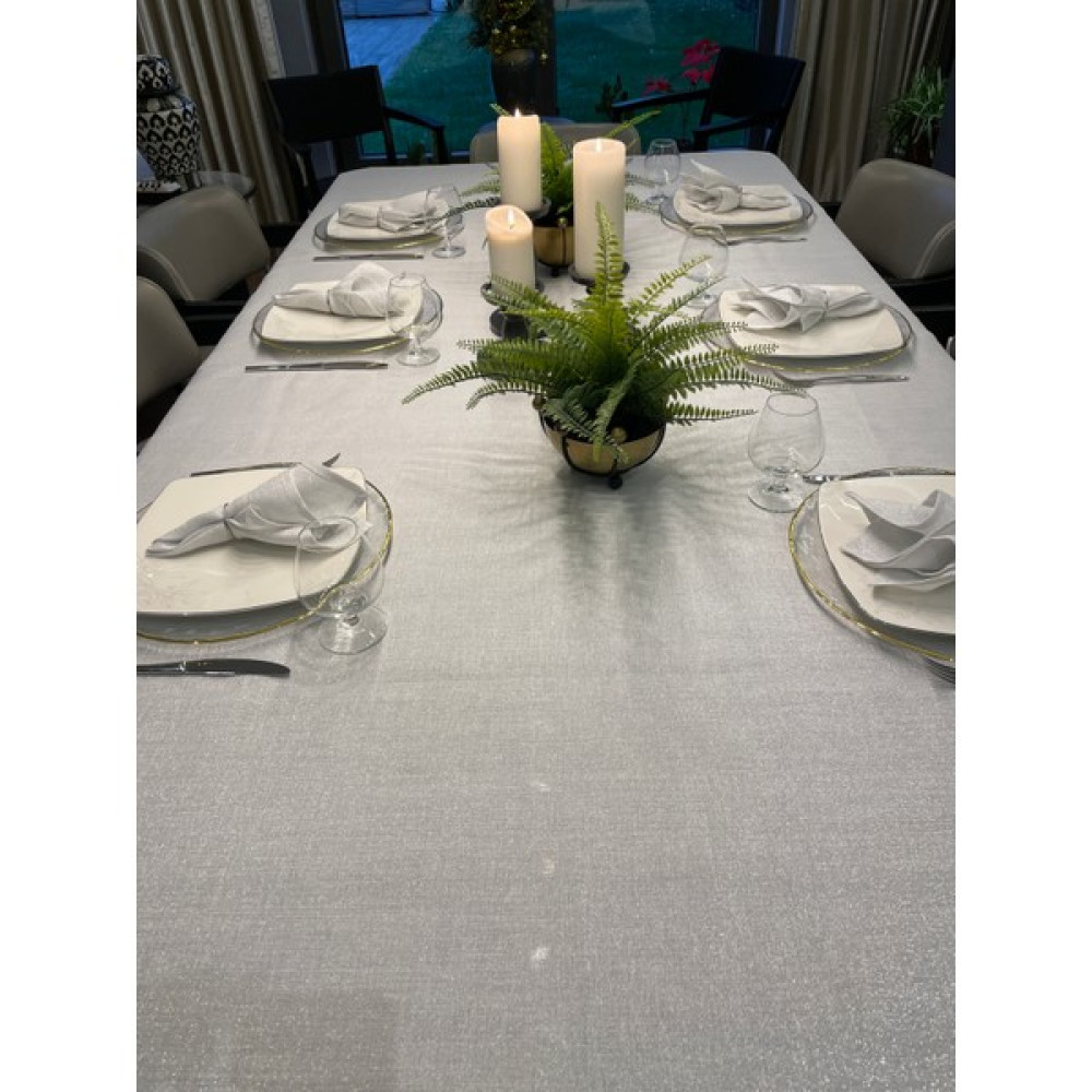 Decamor Home Gümüş Simli Beyaz Keten Dokulu Dertsiz Masa Örtüsü - 150 x 280 cm Masa Örtüsü Fiyatı