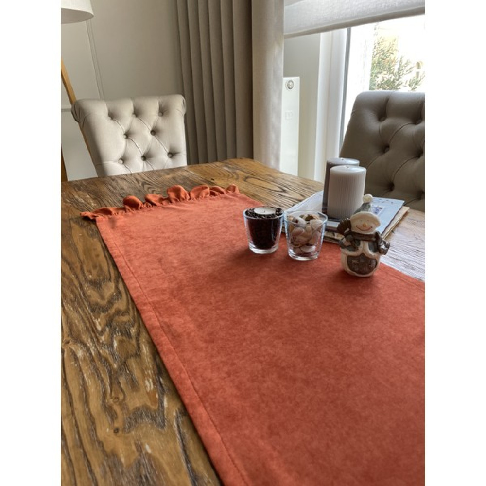 Decamor Home Kadife Dokulu Kiremit - Tarçın Fırfırlı Vintage Runner - 40 x 120 cm Masa Örtüsü Fiyatı