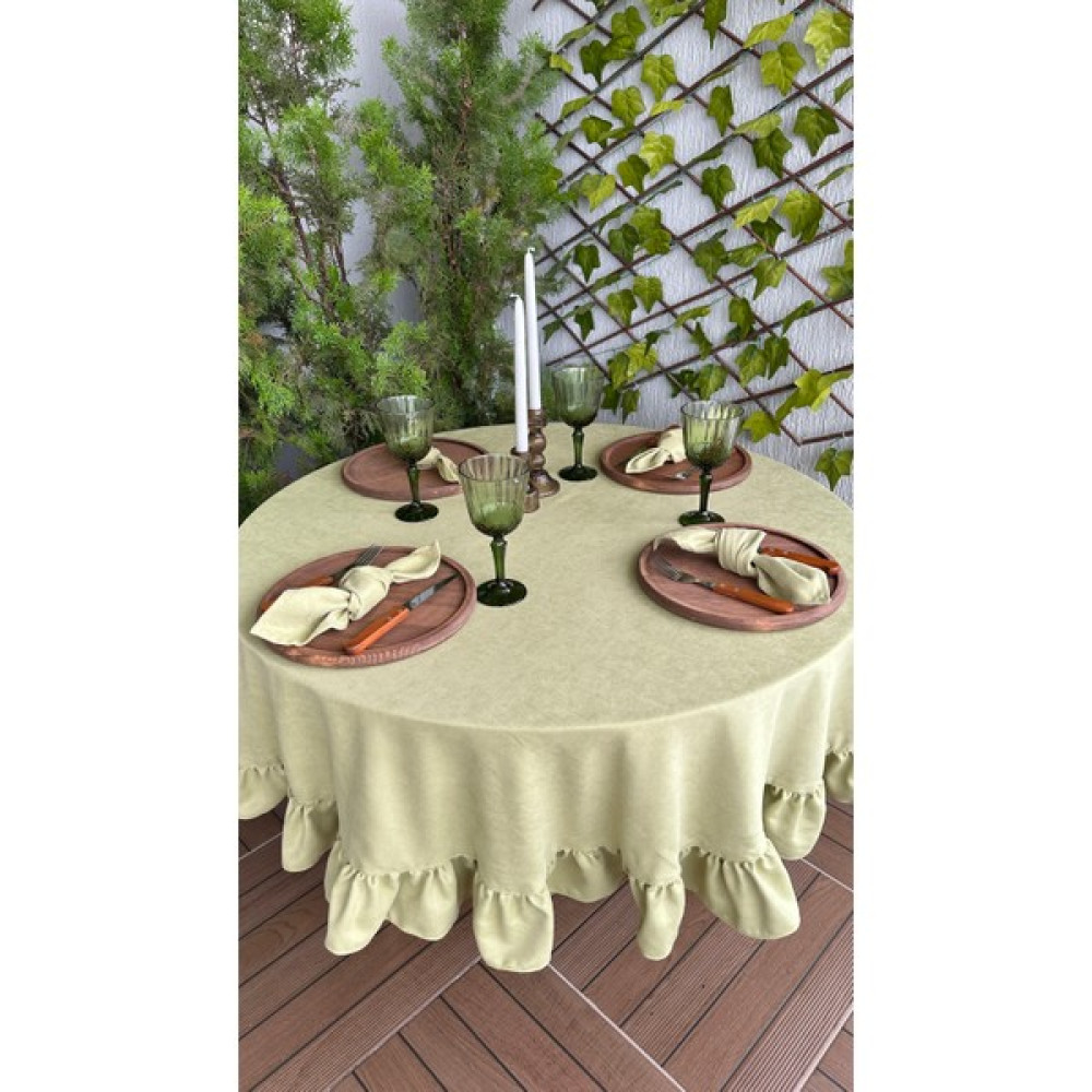Decamor Home Soft Kumaş Fıstık Yeşili Fırfırlı Vintage Yuvarlak Dertsiz Masa Örtüsü - 145 x 145 cm Masa Örtüsü Fiyatı