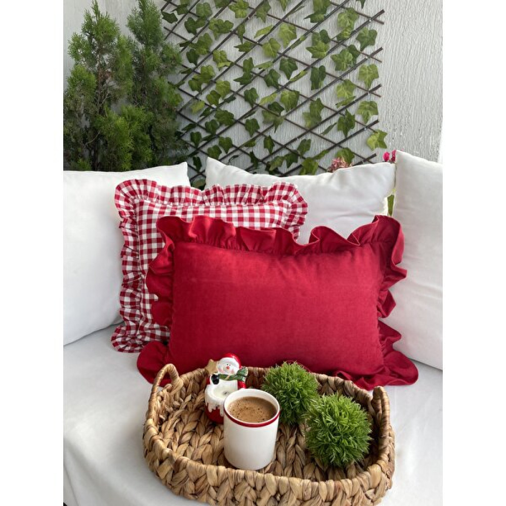 Decamor Home Vintage Kadife Dokulu Kırmızı Fırfırlı Kırlent Kılıfı - 50 x 30 cm Kırlent / Mobilya Yastığı Fiyatı