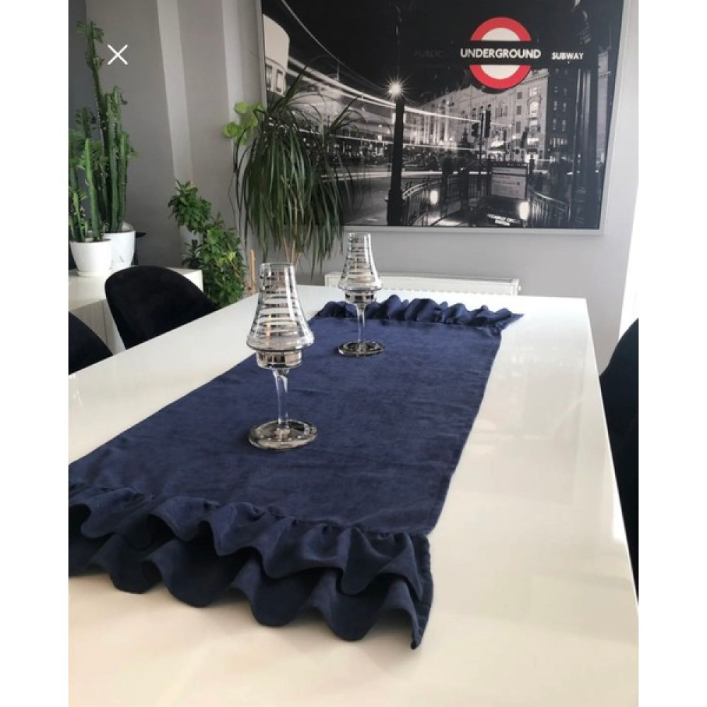 Decamor Home Vintage Lacivert Çiftkat Fırfırlı Runner - 40 x 120 cm Masa Örtüsü Fiyatı