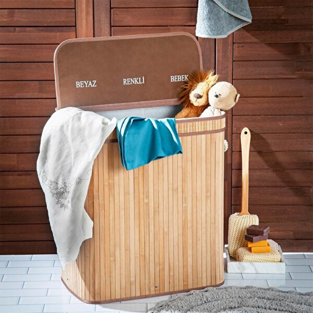 Deco & Style Deco&style Bambu Üç Hazneli Katlanır Çamaşır Sepeti - Beyaz - Gümüş Sepet Fiyatı