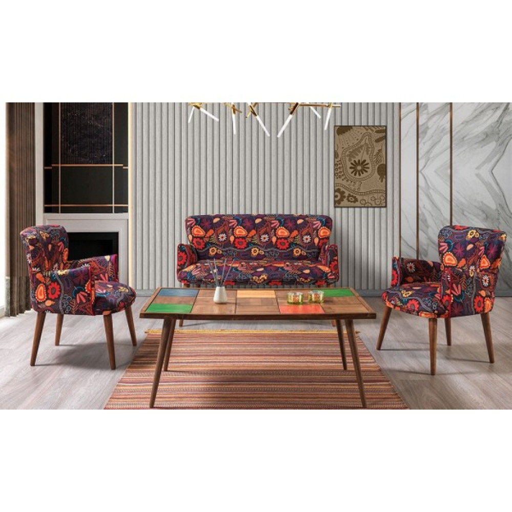 Deco Viva Decoviva Renkli Etnik Desen Ladin Bölme Doğal Ahşap Orta Sehpa Cafe Ofis Salon Oturma Odası Balkon Sehpası Orta Sehpa Fiyatı