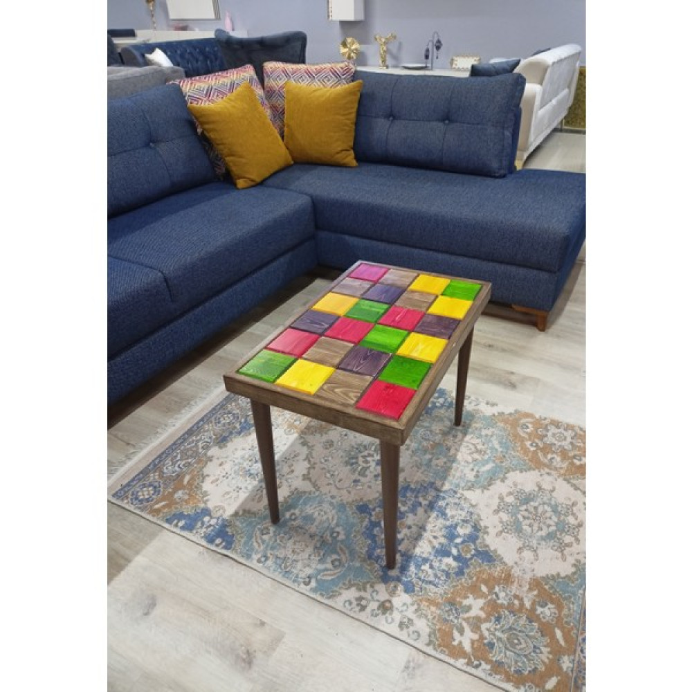 Deco Viva Decoviva Renkli Etnik Desen Ladin Doğal Ahşap Puzzle Orta Sehpa Cafe Ofis Salon Oturma Odası Balkon Sehpası Orta Sehpa Fiyatı