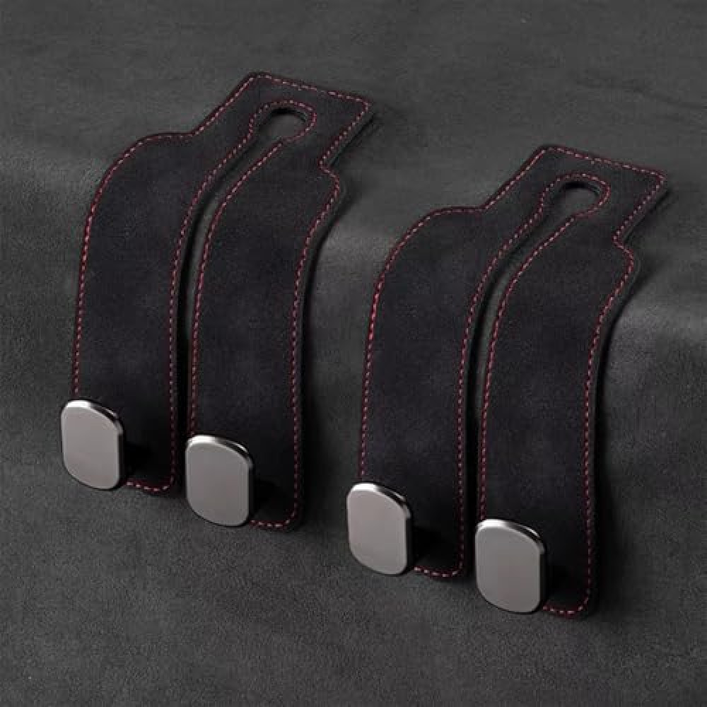 DECOAIRCON 2 Pack Car Hooks for Headrest, Headrest Hooks Car Purse Hook Car Seat Back Storage Hook Premium Leather Car Seat Holder for Headrest Purses and Bags (Black)