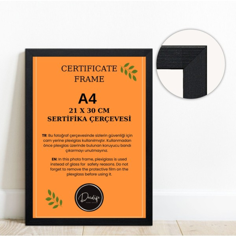 Decolıfe A4 Çerçeve, Belge Çerçevesi, Diploma, Sertifika, Fotoğraf Çerçevesi, Resim Çerçevesi, 21X30 - Siyah Resim & Fotoğraf Çerçevesi Fiyatı