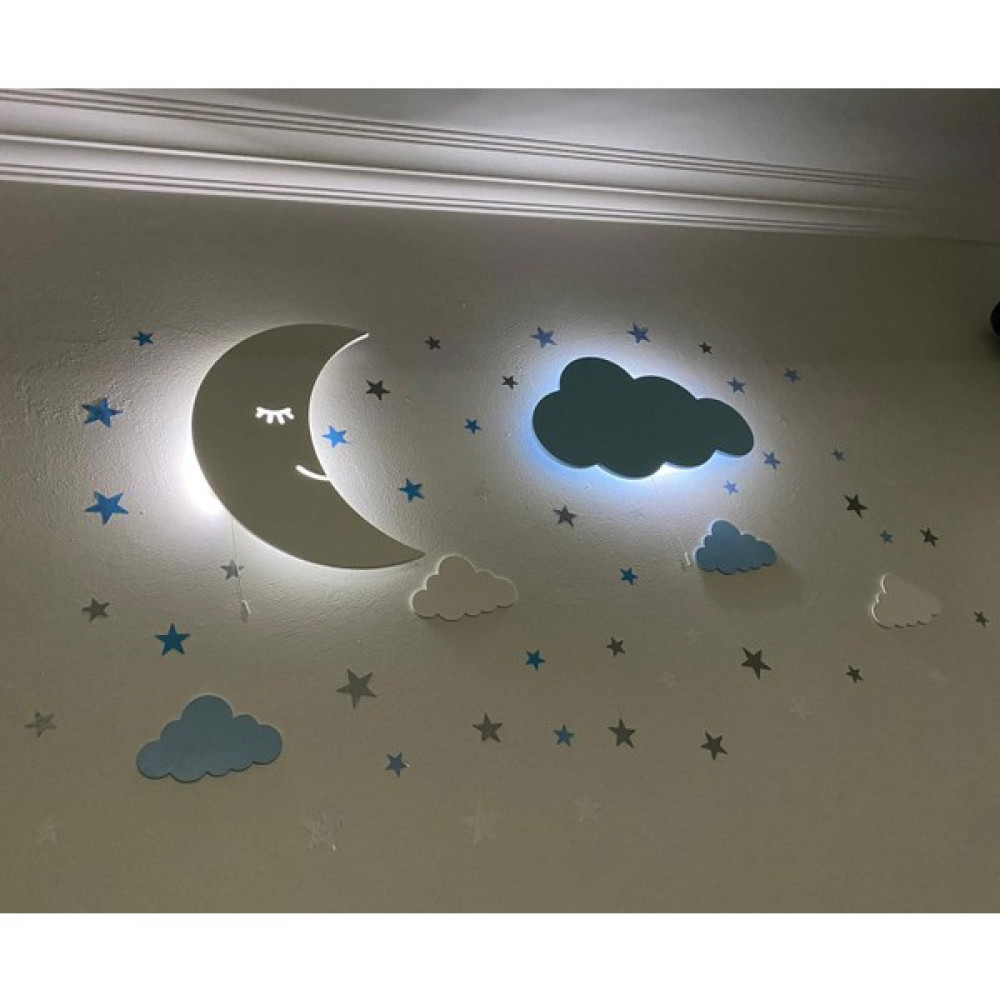 Decolove 1 Aydede + 2 Bulut Çocuk Duvar Lambası ve 60 Sticker Gece Aydınlatması Aydede - Beyaz Gece Lambası Fiyatı