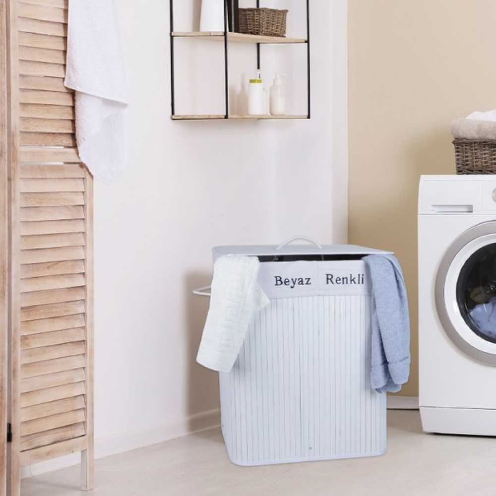 Decolove Bambu Çamaşır Sepeti - Çift Hazneli Beyaz Sepet Fiyatı