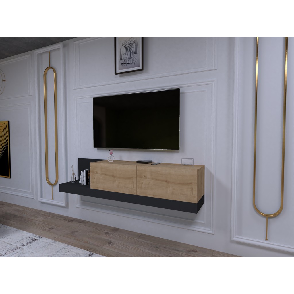 Decomech Mobilya Lancy Duvara Monte Tv Ünitesi, 180 Cm Antrasit-Safirmeşe - Safir Meşe - Antrasit Tv Ünitesi / Sehpası Fiyatı