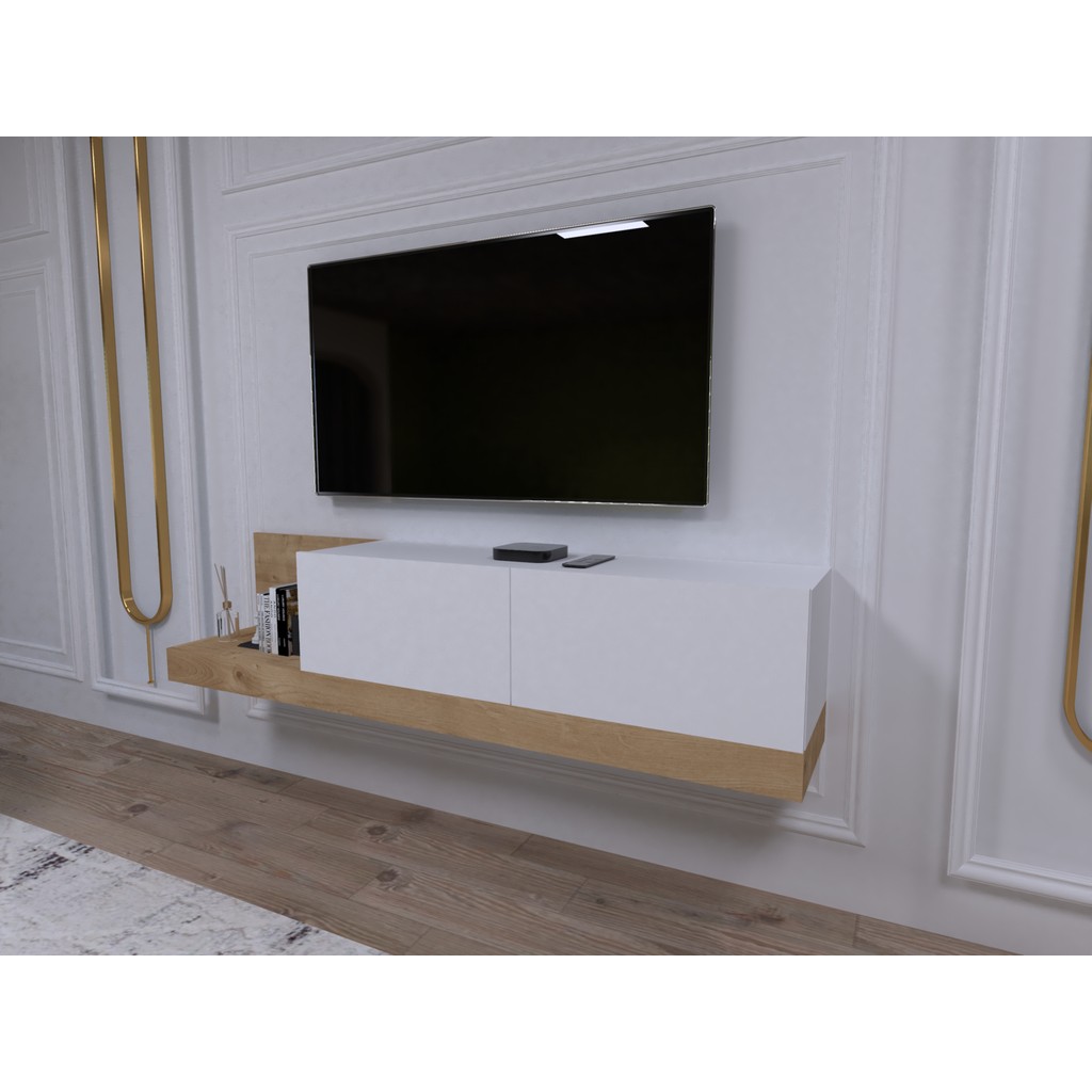 Decomech Mobilya Lancy Duvara Monte Tv Ünitesi, 180 Cm Beyaz-Safirmeşe - Beyaz - Safir Meşe Tv Ünitesi / Sehpası Fiyatı