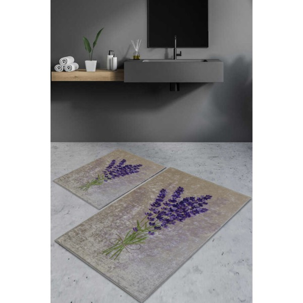 Decomia Home Dijital Baskı Kaymaz Taban Lavanta Çiçeği Des. Krem Banyo Paspası (40X60)(60X100) Ikili Takım DC-371 - 40 x 60 cm Paspas Fiyatı