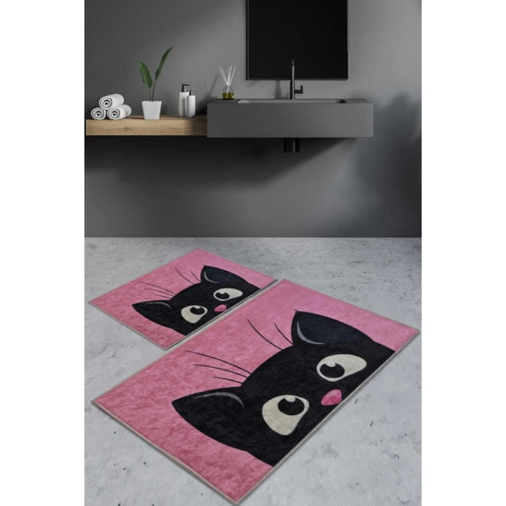 Decomia Home Dijital Baskı Kaymaz Taban Siyah Kedili, Pembe Banyo Paspası (40X60)(60X100) Ikili Takım DC-8008 - 40 x 60 cm Paspas Fiyatı