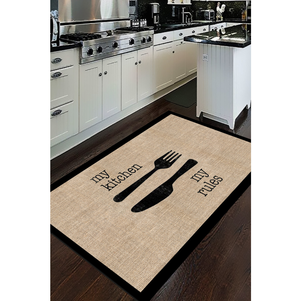 Decomia Home Dijital Baskılı Kaymaz Jüt Görünümlü Kitchen Yazılı Siyah Çerçeveli Mutfak Halısı-d5034 120 x 350 Beden Banyo Halısı Fiyatı