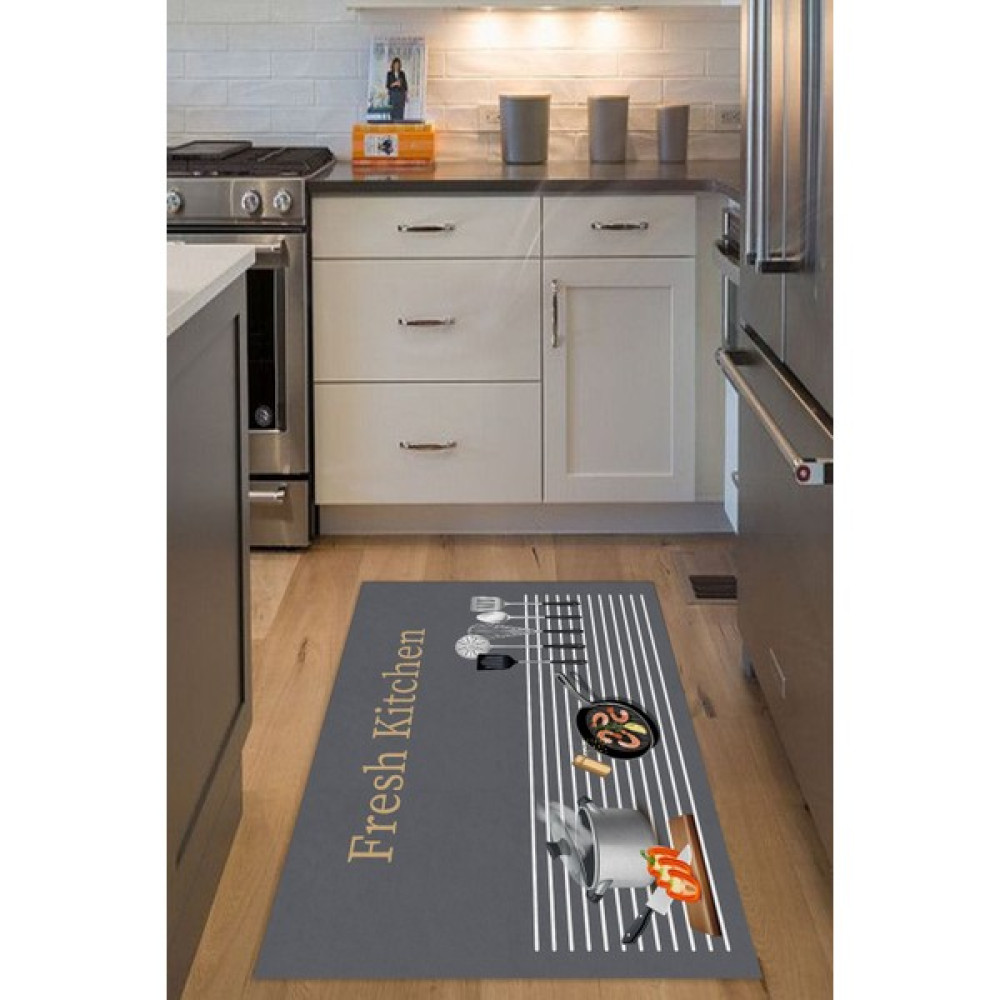 Decomia Home Dijital Baskılı Kaymaz Taban Yıkanabilir Fresh Kitchen Yazılı Gri Mutfak Halı YOLLUK-D5013 - 80 x 100 cm Salon Halısı Fiyatı