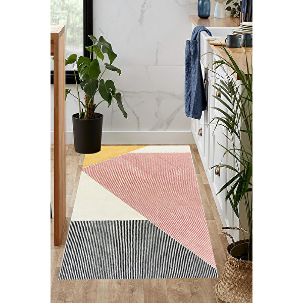 Decomia Home Dijital Baskılı Kaymaz Taban Yıkanabilir Pembe Hardal Detaylı Çizgili Salon HALI-YOLLUK-D4005 - 80 x 100 cm Salon Halısı Fiyatı
