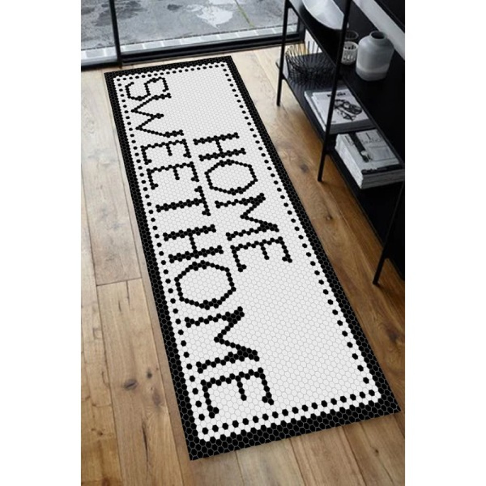 Decomia Home Dijital Baskılı Kaymaz,Balpeteği Siyah Beyaz Mutfak Koridor Salon Dekoratif Halı-Yolluk-D4041 - 80 x 100 cm Salon Halısı Fiyatı