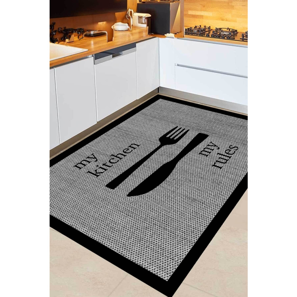 Decomia Home Dijital Kaymaz Jüt Görünümlü Gri Kitchen Siyah Çerçeveli Mutfak Halısı 120 x 350 Beden Banyo Halısı Fiyatı